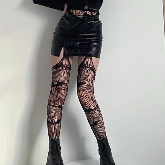 NWT bat web fishnet tights open crotch spider gothic punk edgy stockings black - Picture 2 of 11